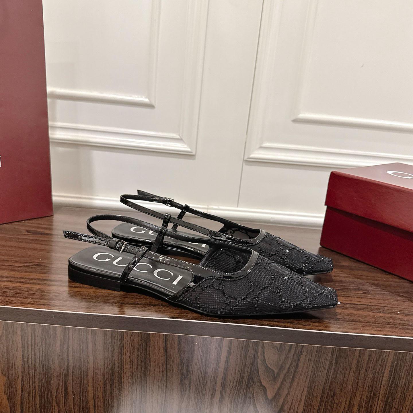 Gucci Suede Mesh Crystal GG Monogram Slingback Ballet Flats - FashionPlug