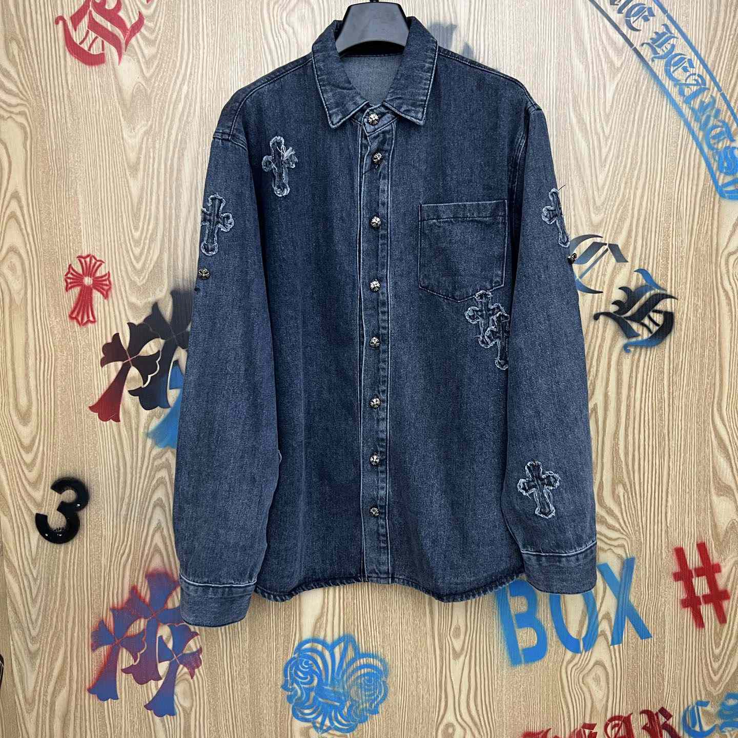 Chrome Hearts  Cross Patch Denim Long Sleeve Shirt - FashionPlug