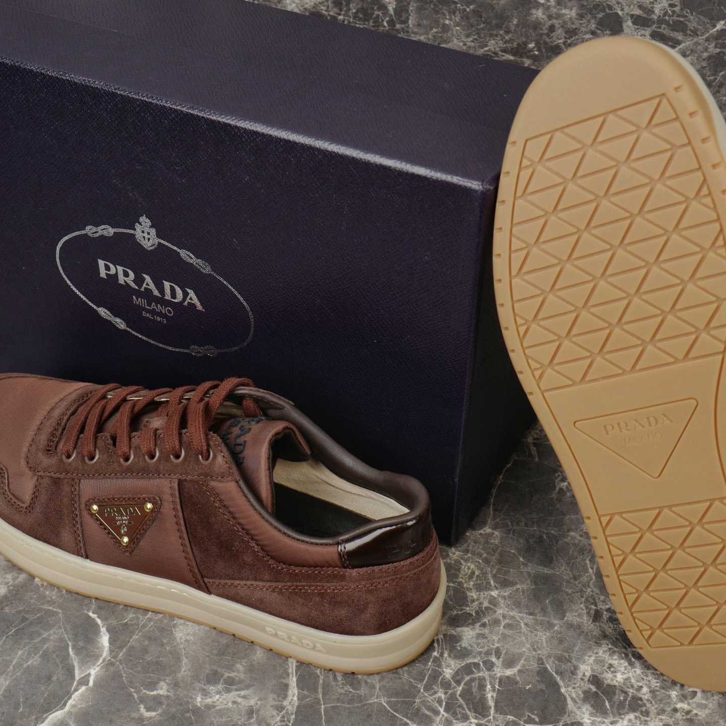 Prada Downtown Re-Nylon And Suede Sneakers - FashionPlug
