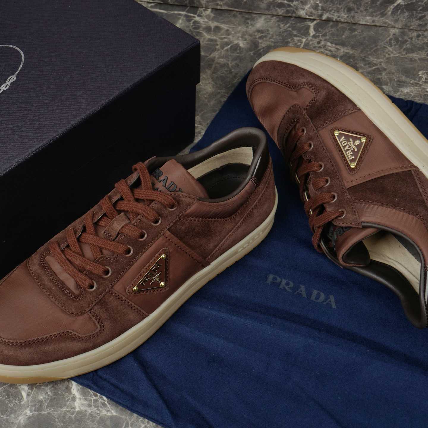 Prada Downtown Re-Nylon And Suede Sneakers - FashionPlug