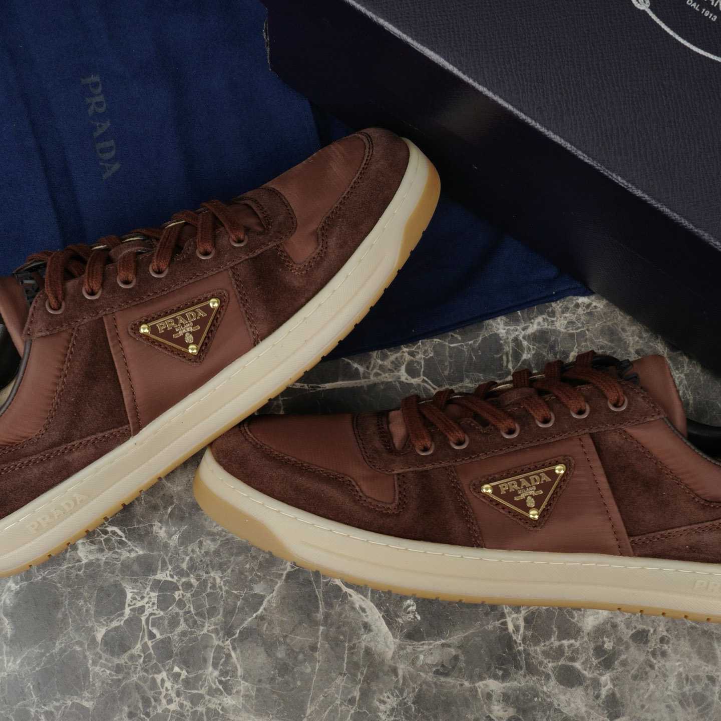 Prada Downtown Re-Nylon And Suede Sneakers - FashionPlug
