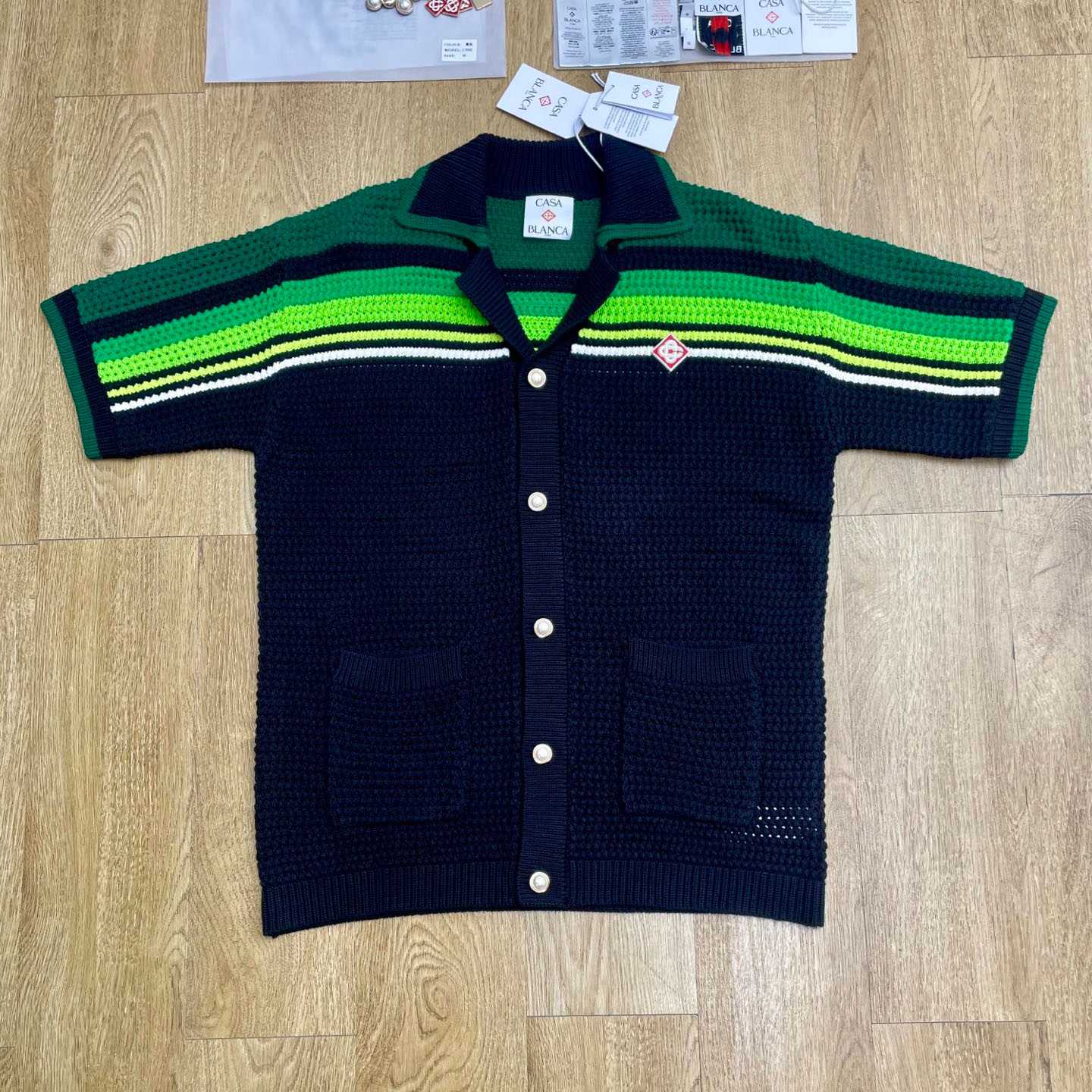 Casablanca Black & Green Striped Short Sleeve Crochet Shirt  Z6045 - FashionPlug