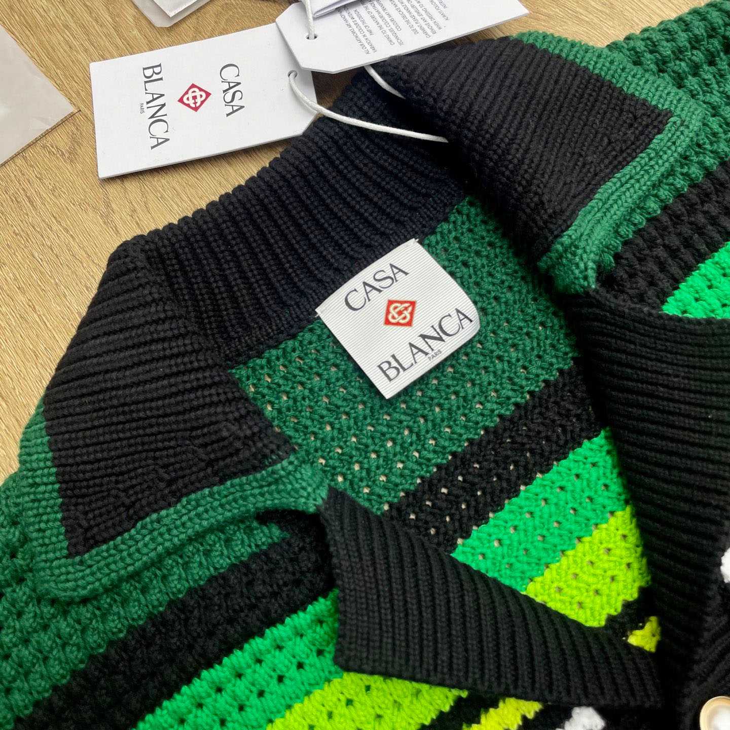 Casablanca Black & Green Striped Short Sleeve Crochet Shirt  Z6045 - FashionPlug
