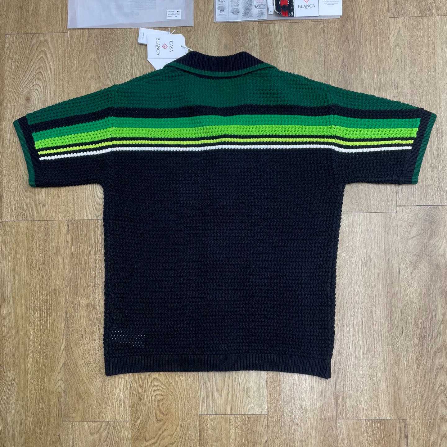 Casablanca Black & Green Striped Short Sleeve Crochet Shirt  Z6045 - FashionPlug