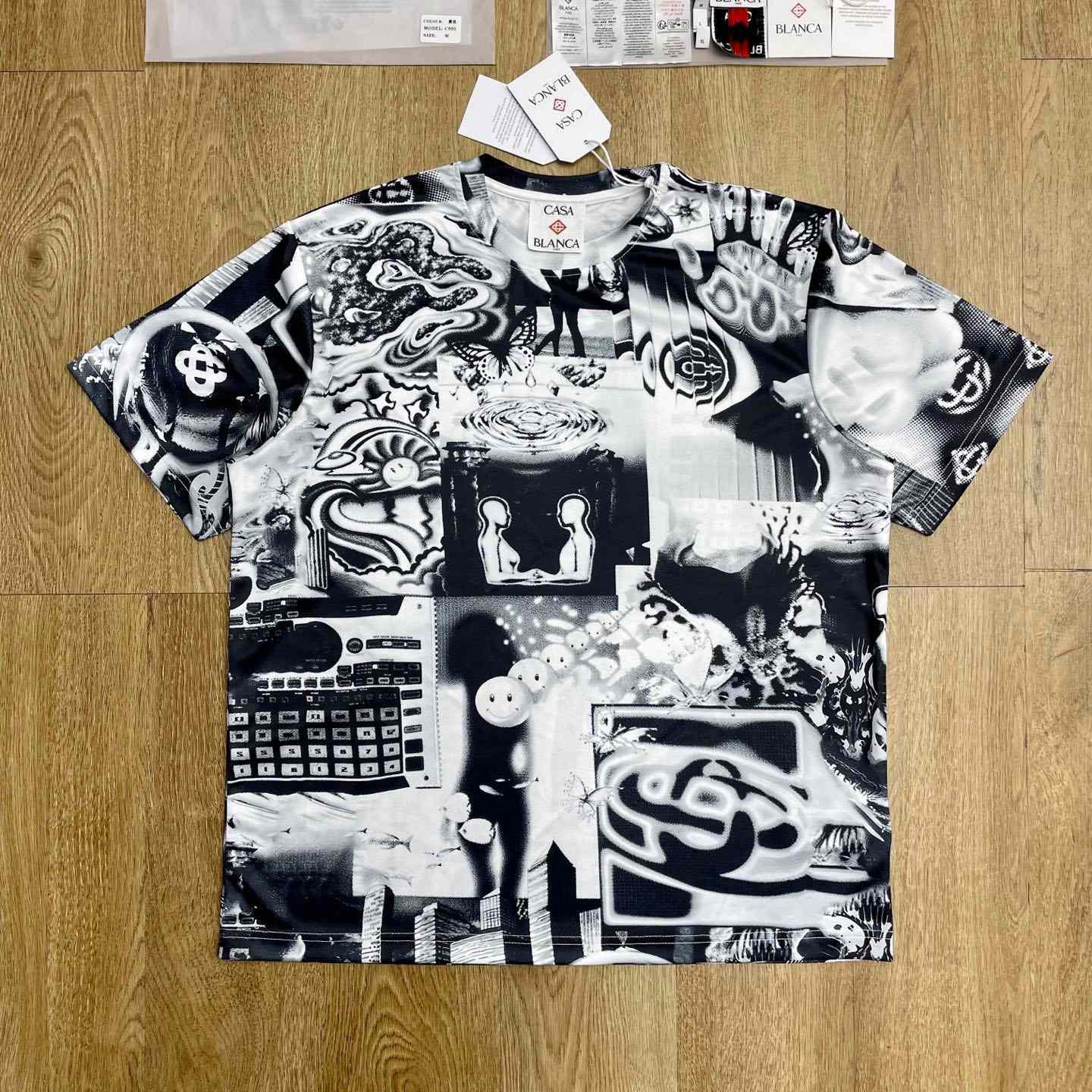 Casablanca Rave Collage Short Sleeve Mesh T‑Shirt C1140 - FashionPlug