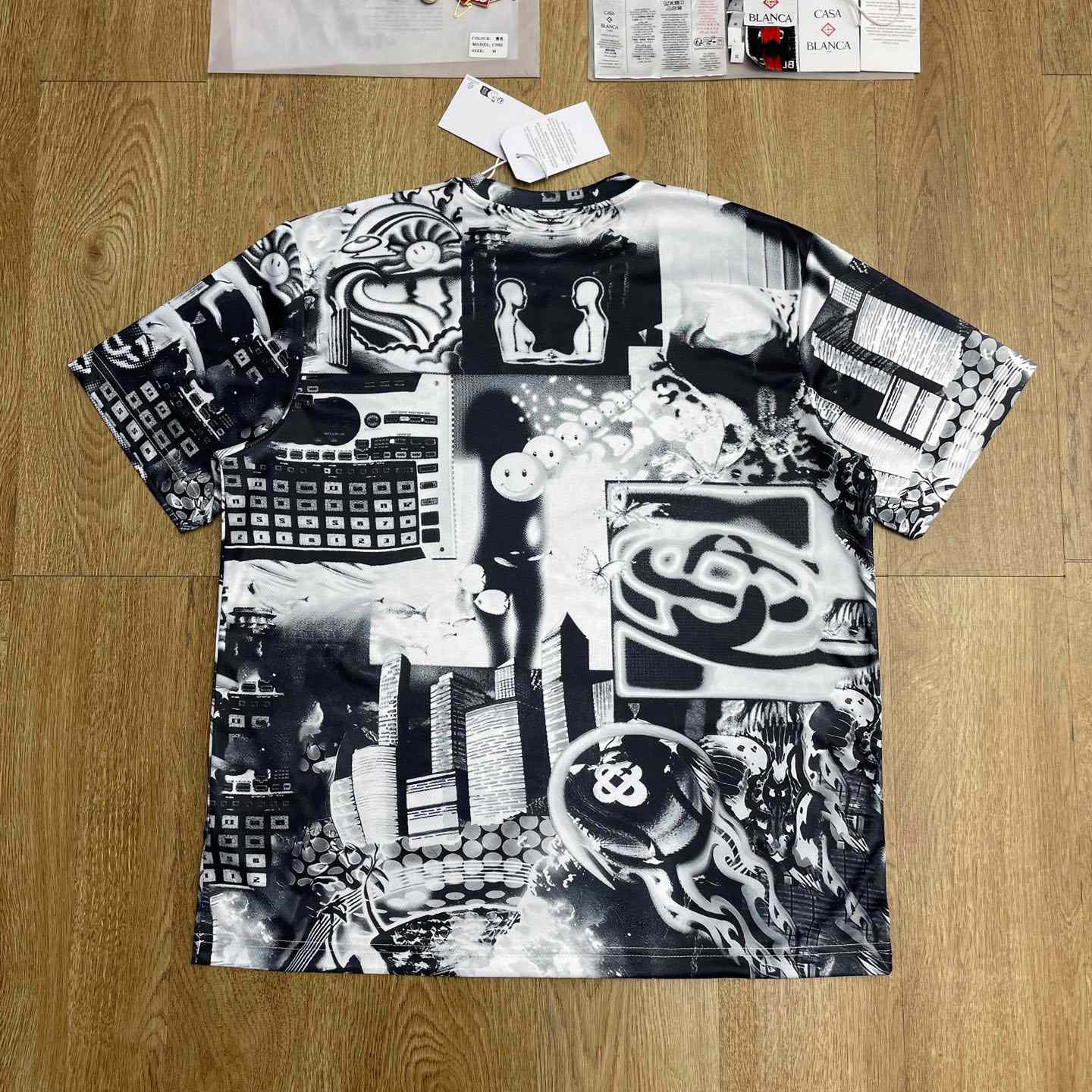Casablanca Rave Collage Short Sleeve Mesh T‑Shirt C1140 - FashionPlug