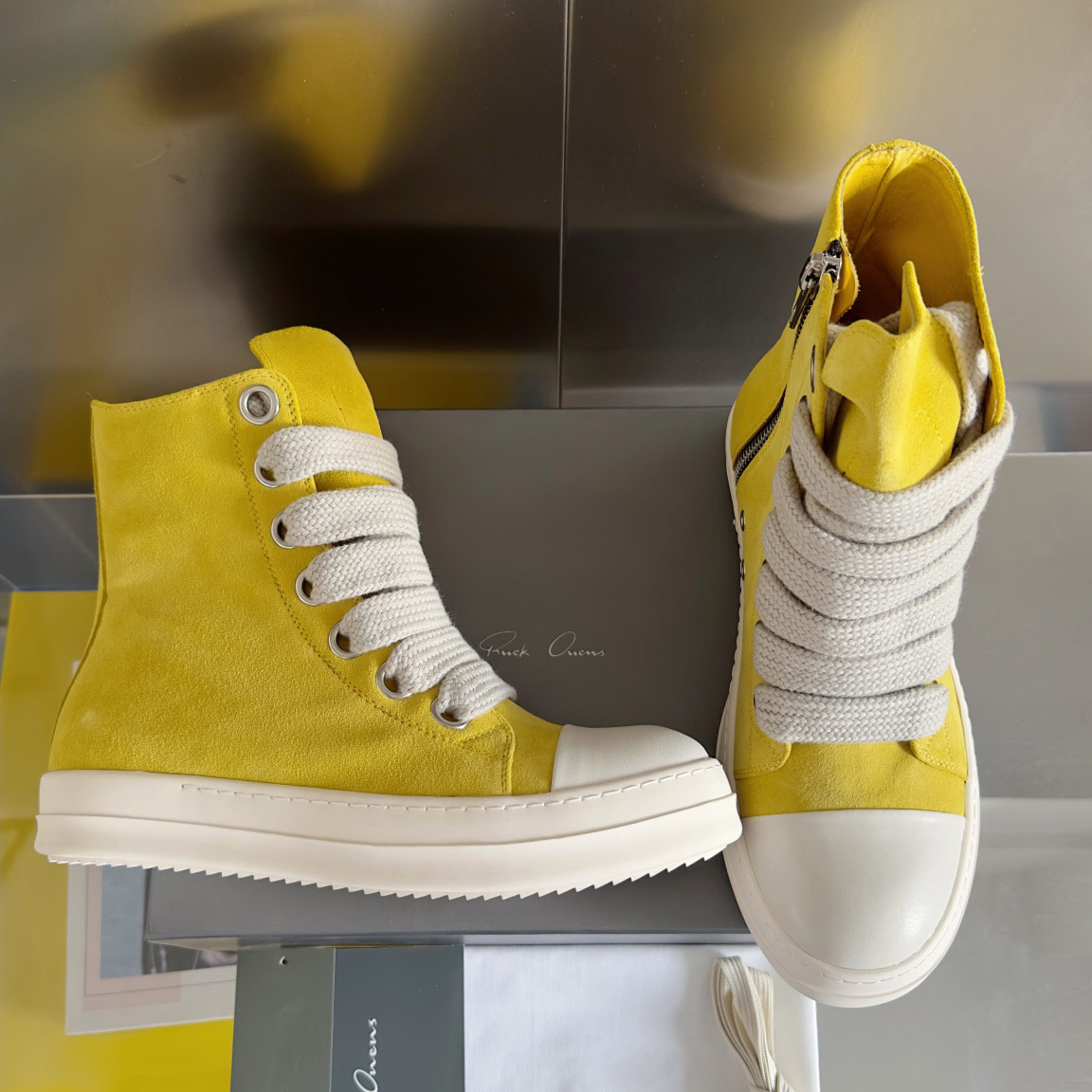Rick Owens Yellow High Sneakers - FashionPlug