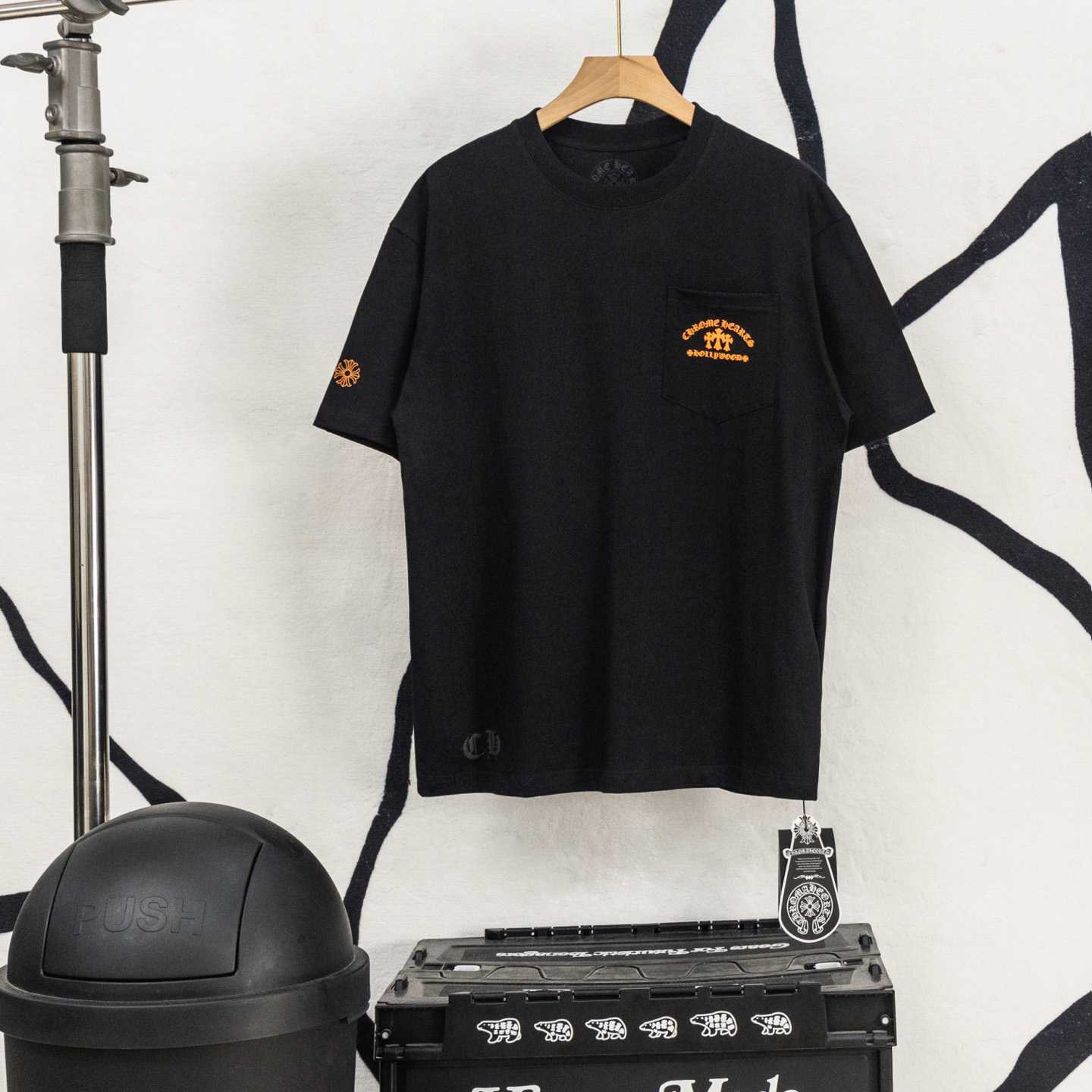Chrome Hearts Triple Cross Hollywood Pocket Tee 'Black/Orange' - FashionPlug