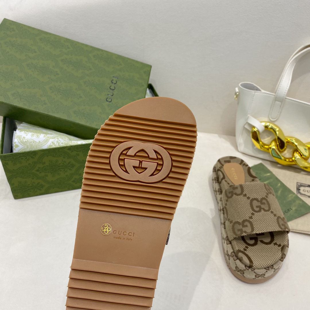  Gucci Wmns GG Lame Platform Slide Sandal 'Camel Monogram' - FashionPlug