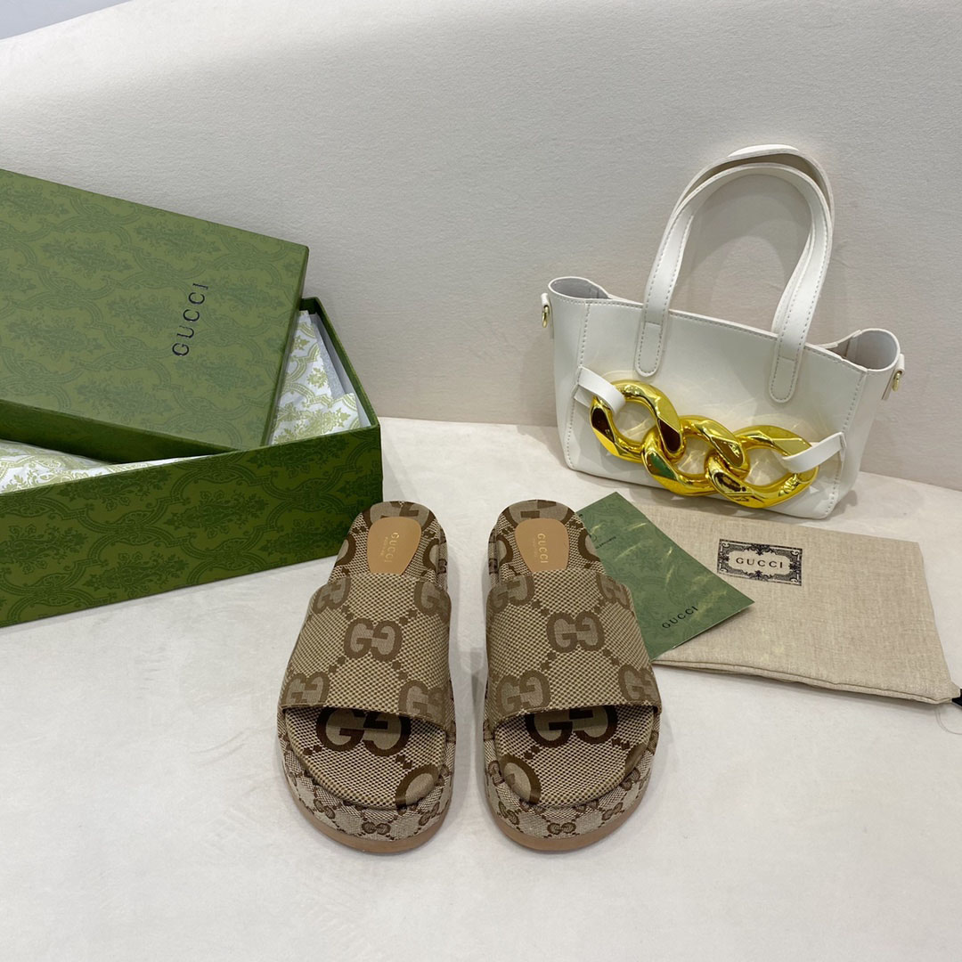  Gucci Wmns GG Lame Platform Slide Sandal 'Camel Monogram' - FashionPlug