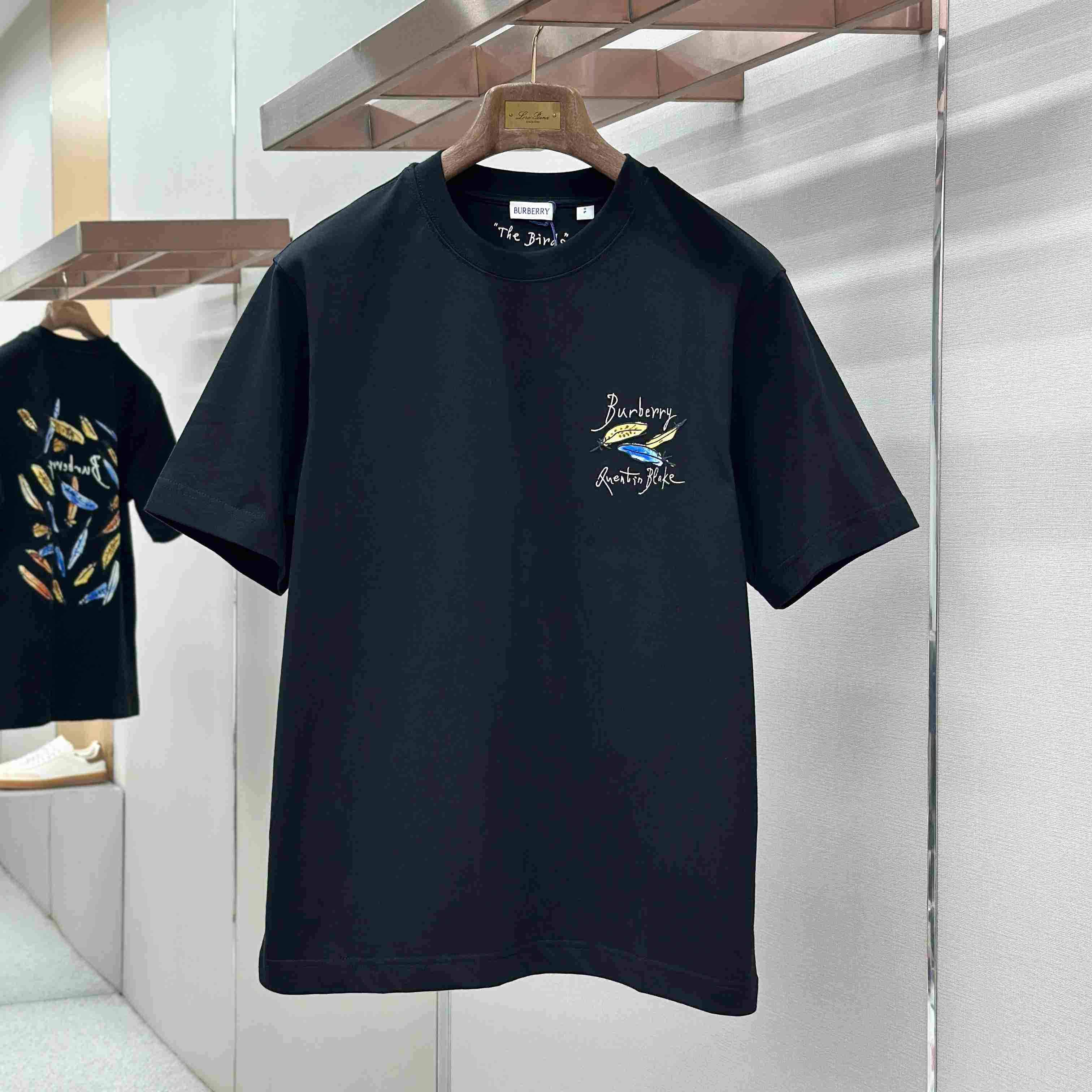 Burberry Feather Print Cotton T-shirt   'Black' - FashionPlug