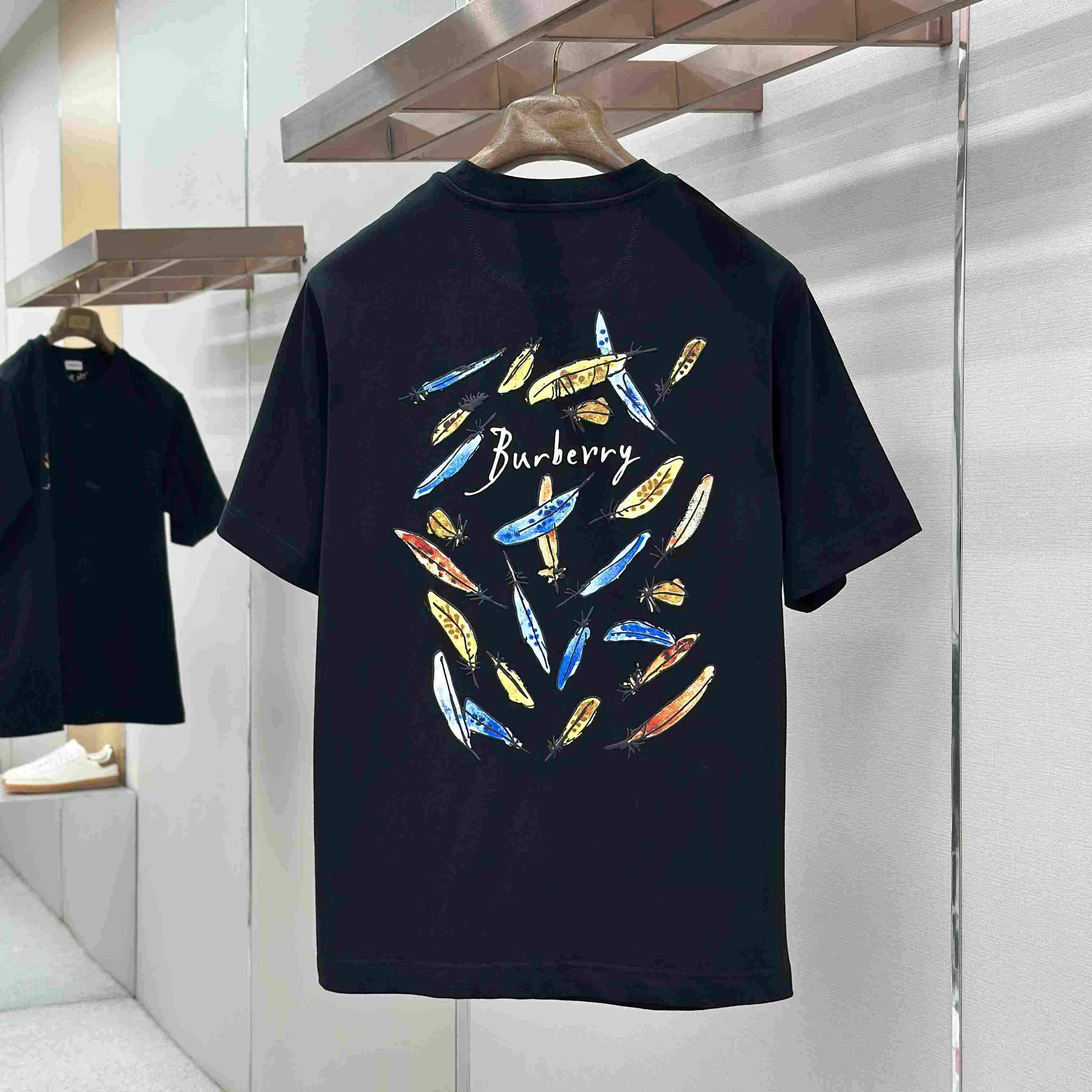 Burberry Feather Print Cotton T-shirt   'Black' - FashionPlug