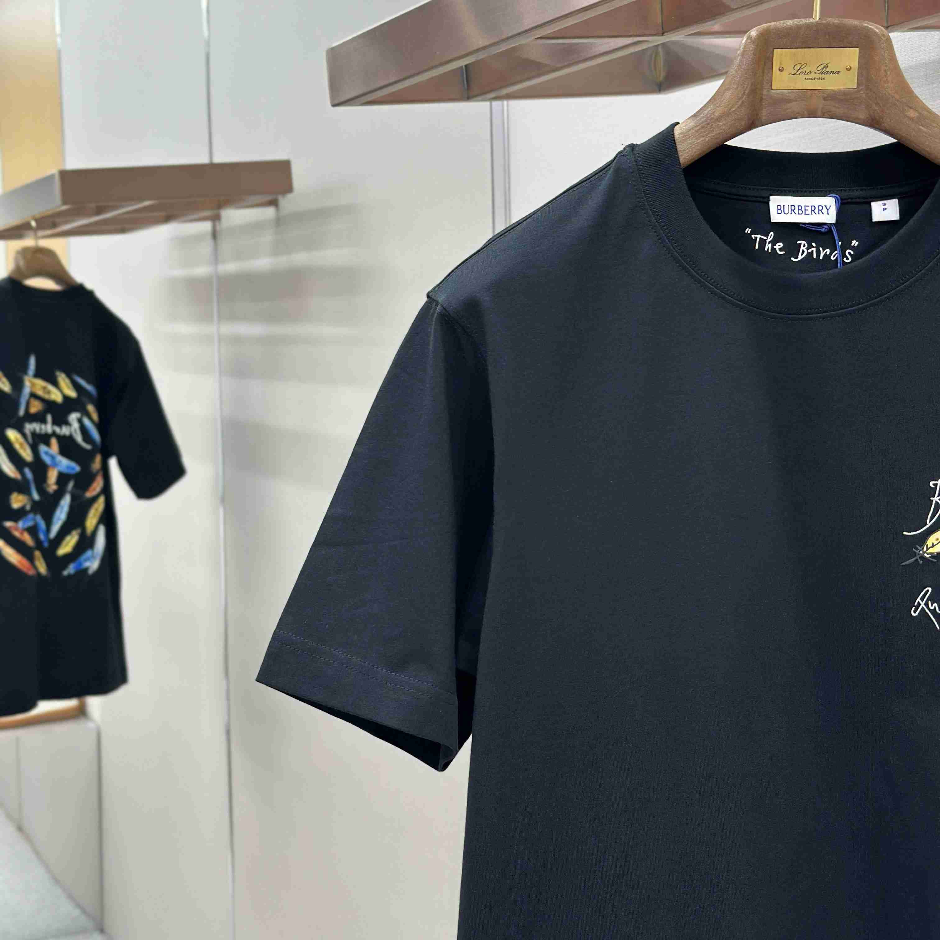 Burberry Feather Print Cotton T-shirt   'Black' - FashionPlug