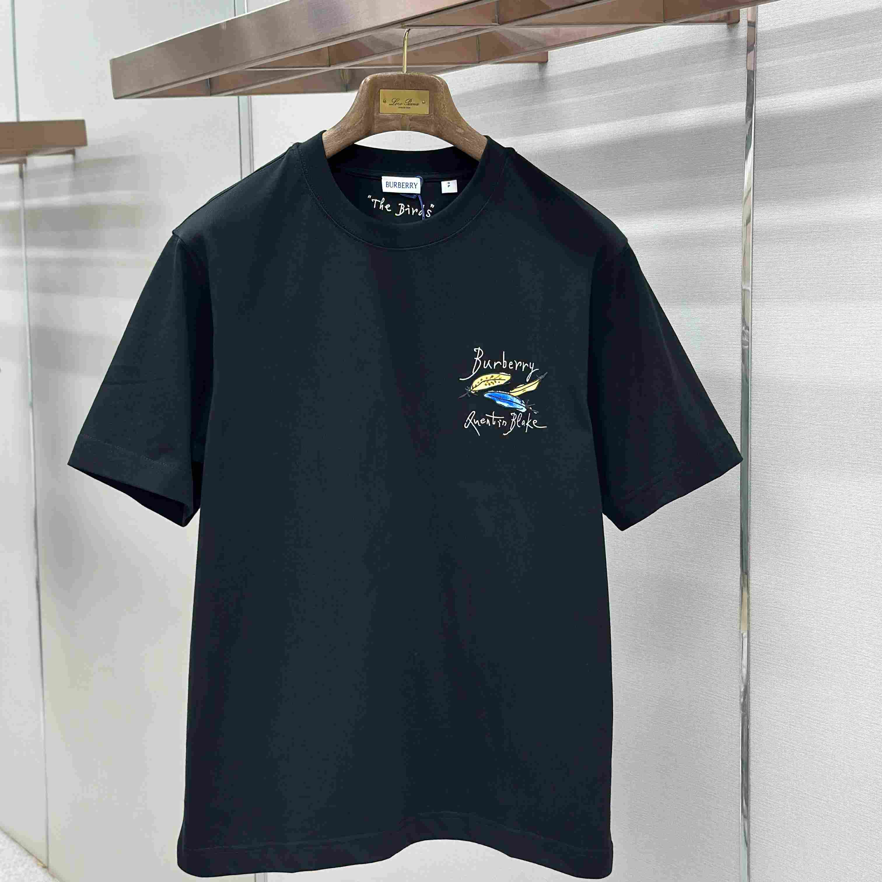 Burberry Feather Print Cotton T-shirt   'Black' - FashionPlug