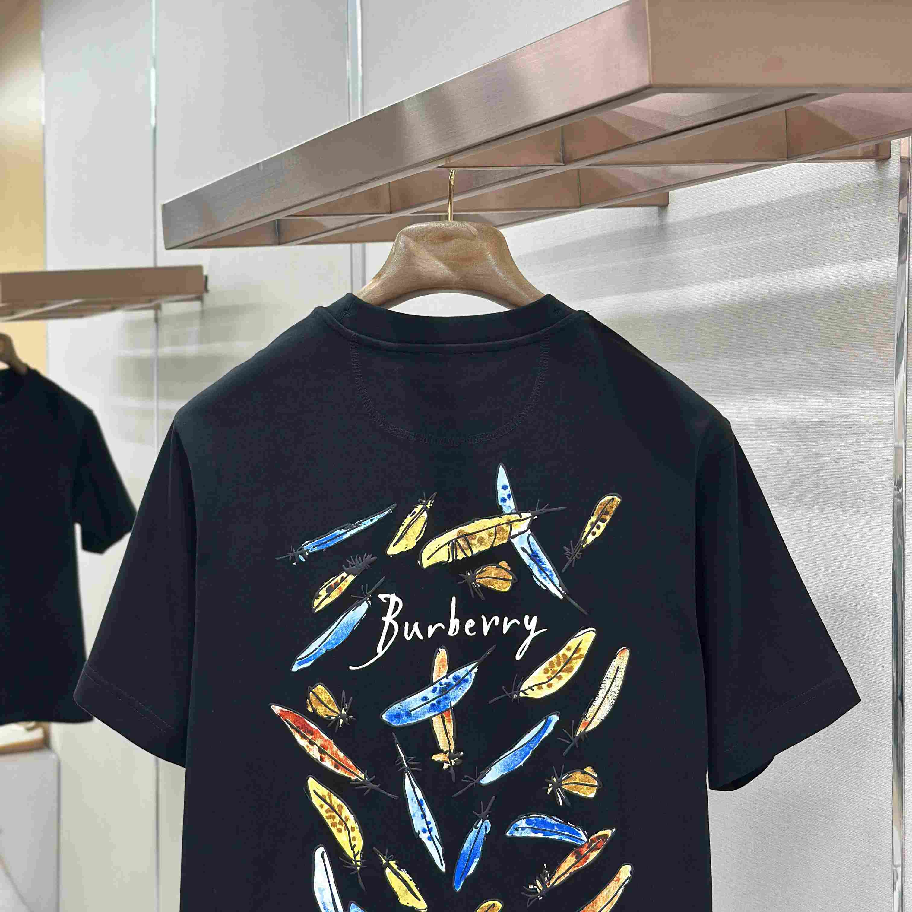Burberry Feather Print Cotton T-shirt   'Black' - FashionPlug