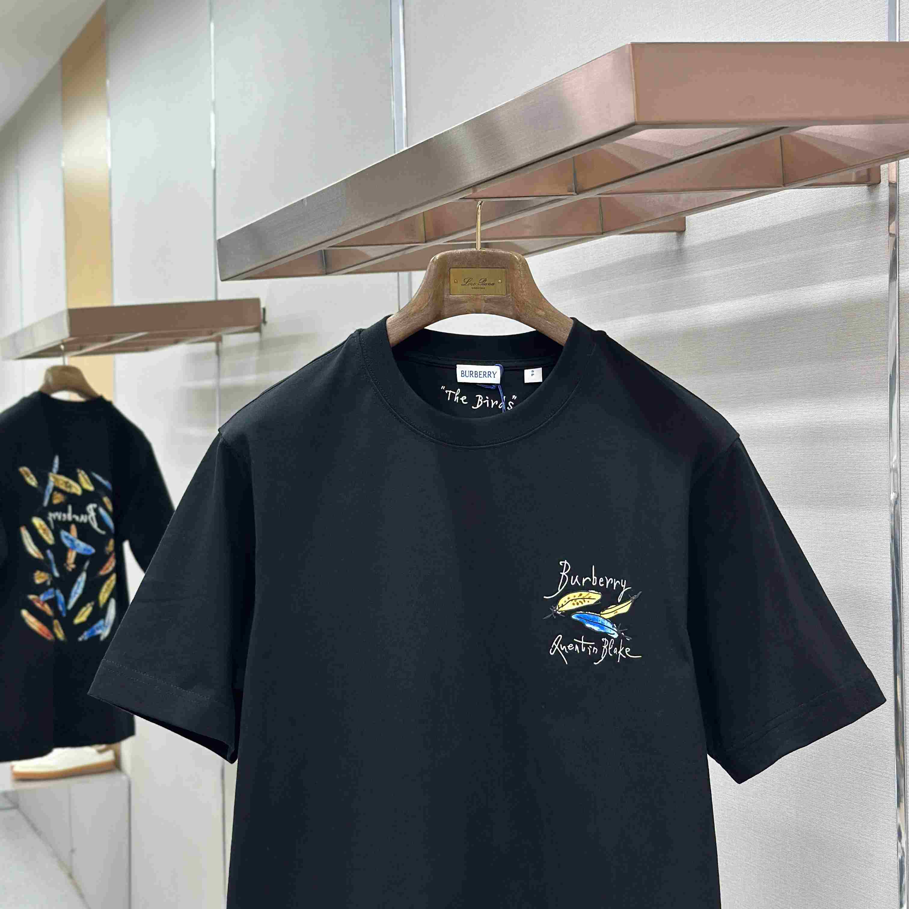 Burberry Feather Print Cotton T-shirt   'Black' - FashionPlug