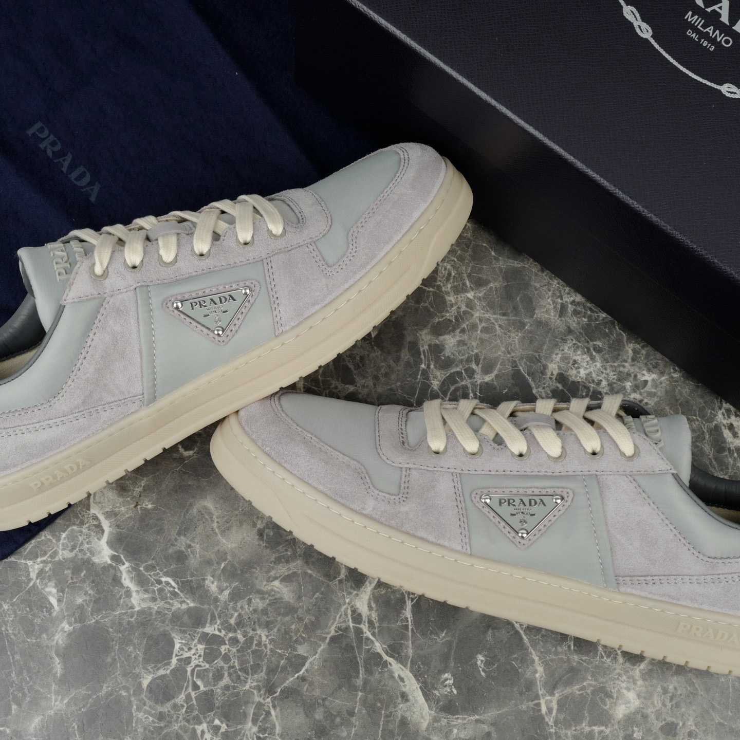 Prada Downtown Re-Nylon And Suede Sneakers - FashionPlug