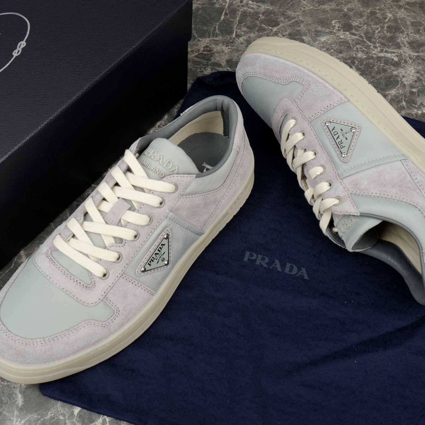 Prada Downtown Re-Nylon And Suede Sneakers - FashionPlug