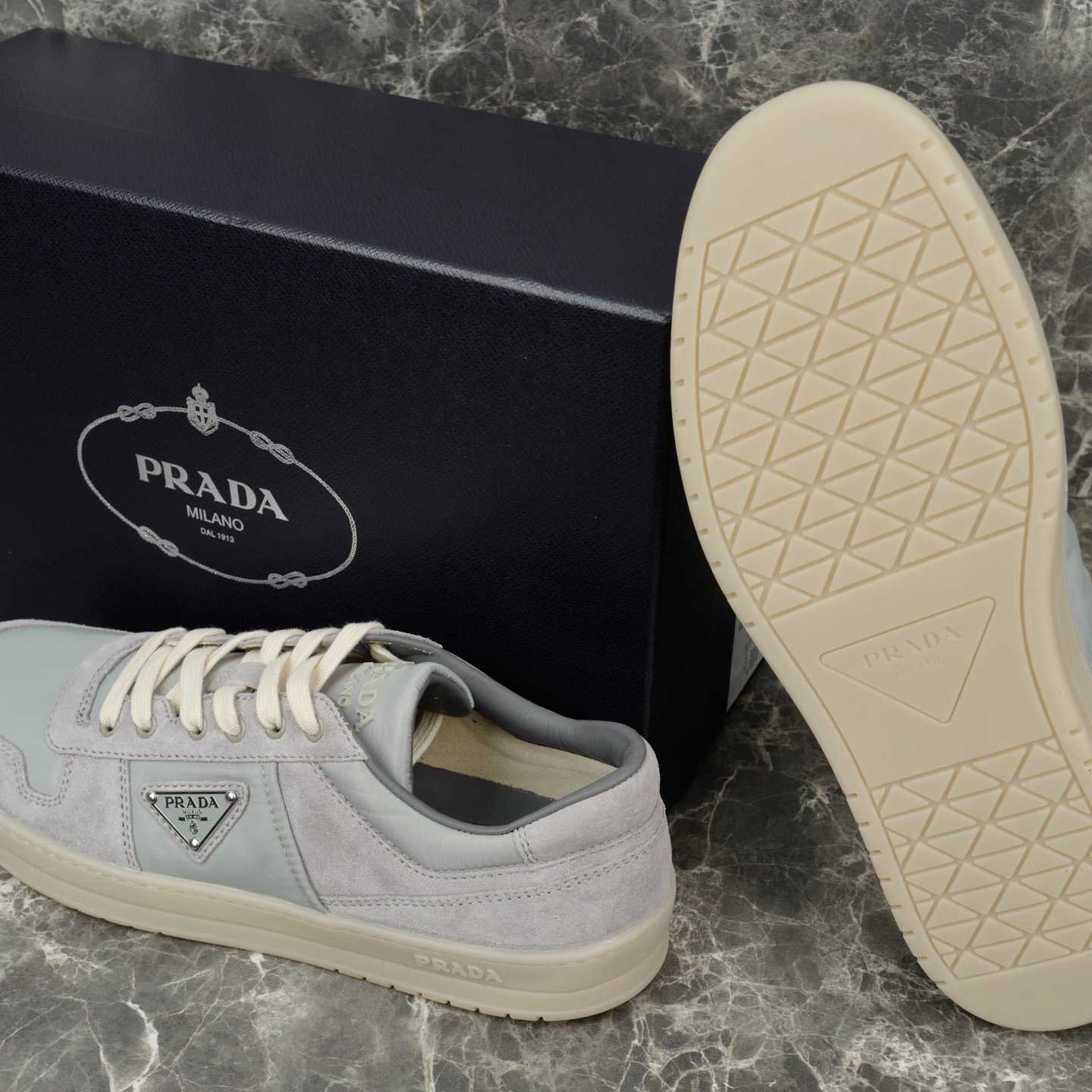 Prada Downtown Re-Nylon And Suede Sneakers - FashionPlug