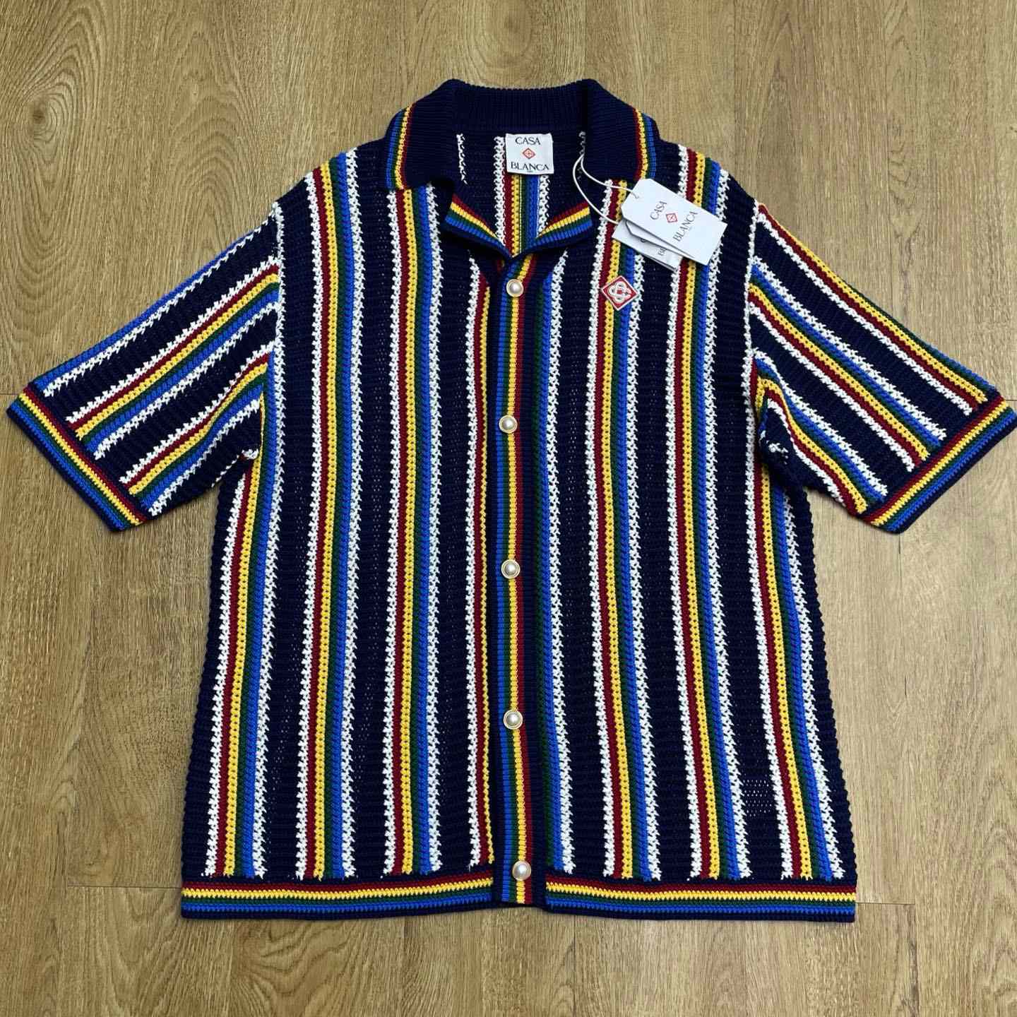 Casablanca Crochet Short Sleeve Stripe Shirt Z6023 - FashionPlug