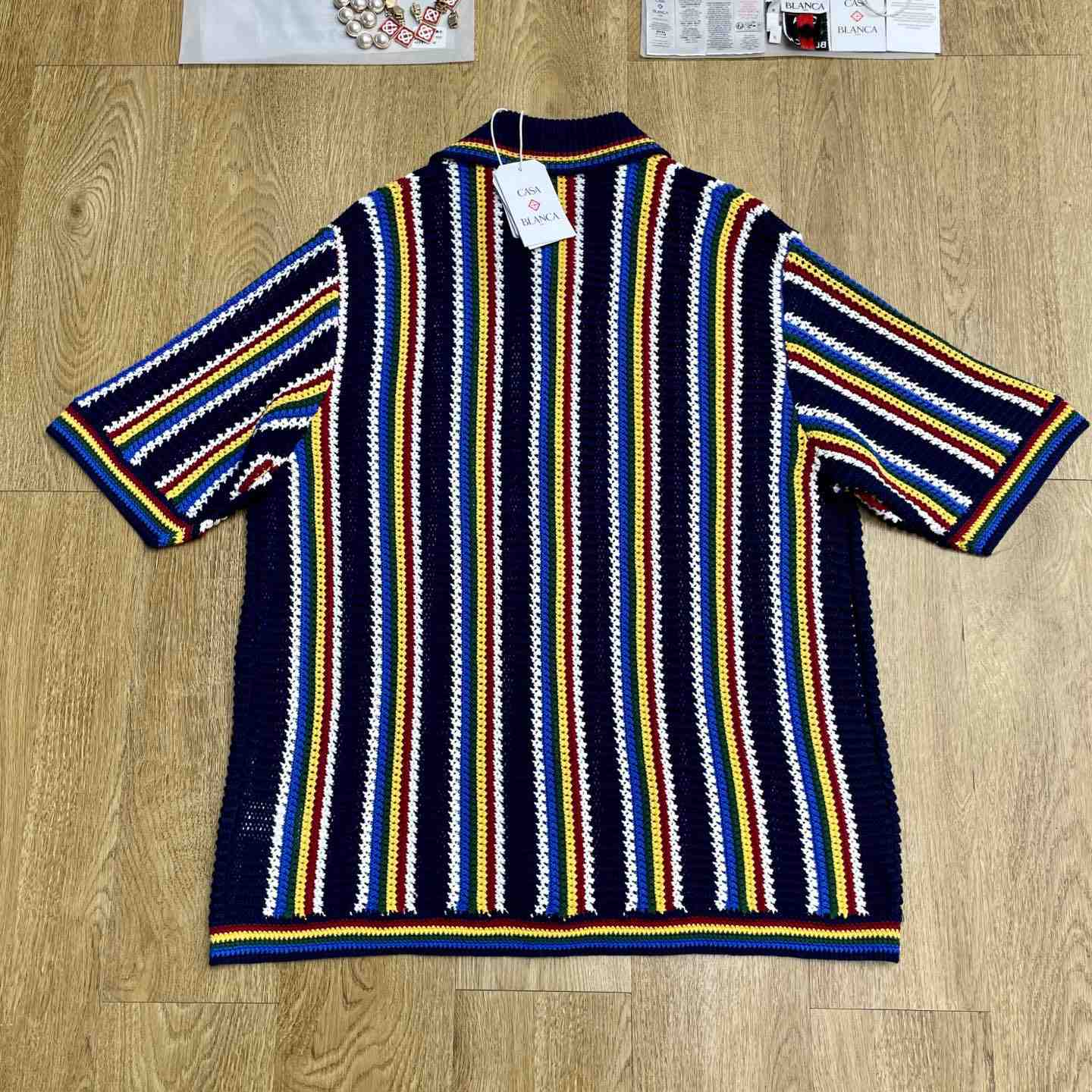 Casablanca Crochet Short Sleeve Stripe Shirt Z6023 - FashionPlug