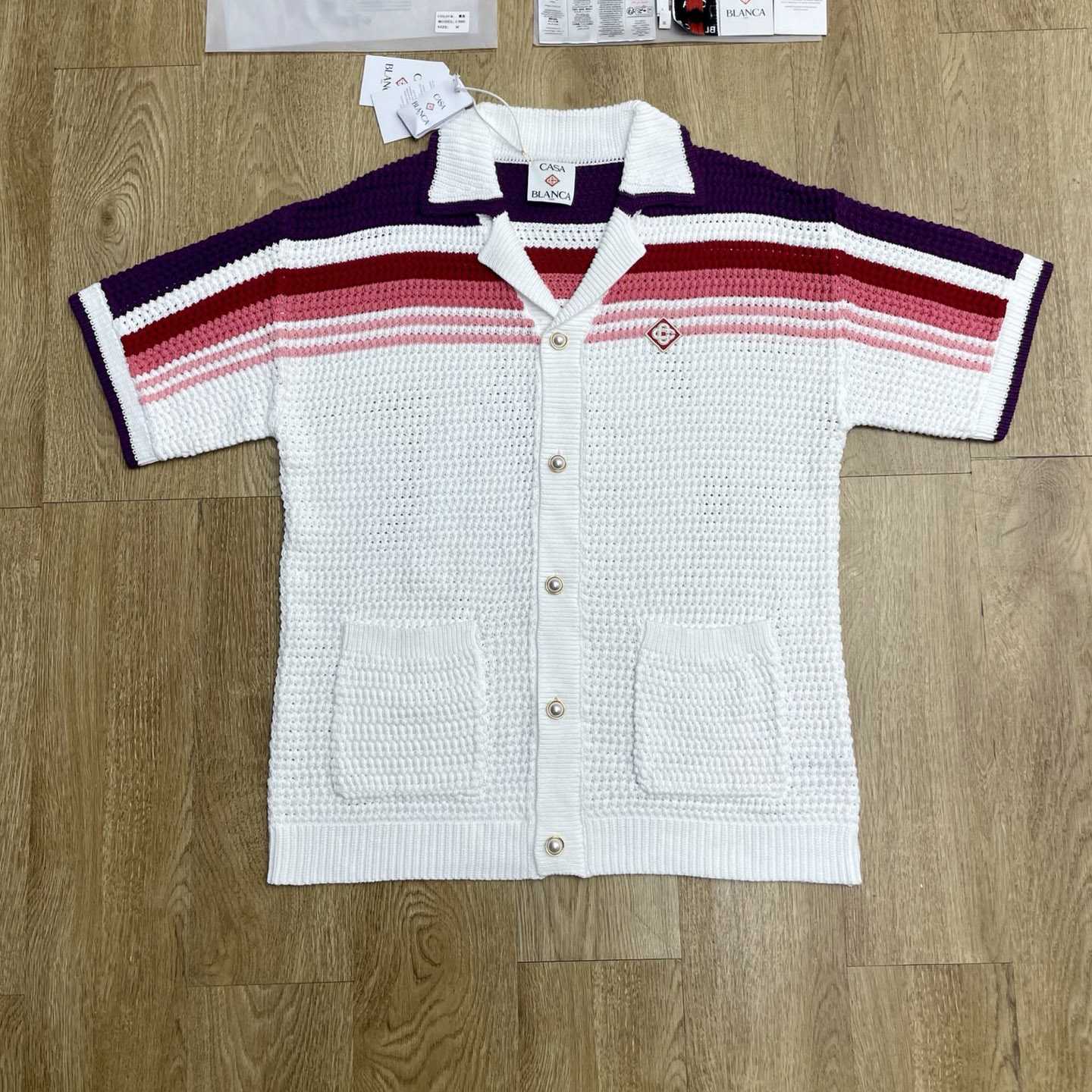 Casablanca White & Pink Stripe Short Sleeve Crochet Shirt D0202 - FashionPlug