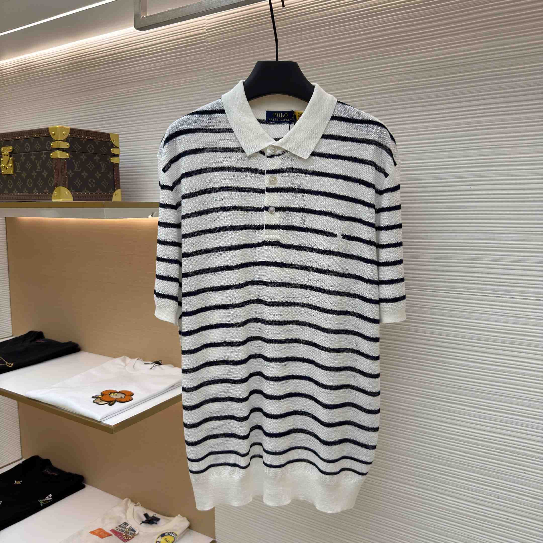 Ralph Lauren Striped Cotton-Linen Polo Sweater - FashionPlug
