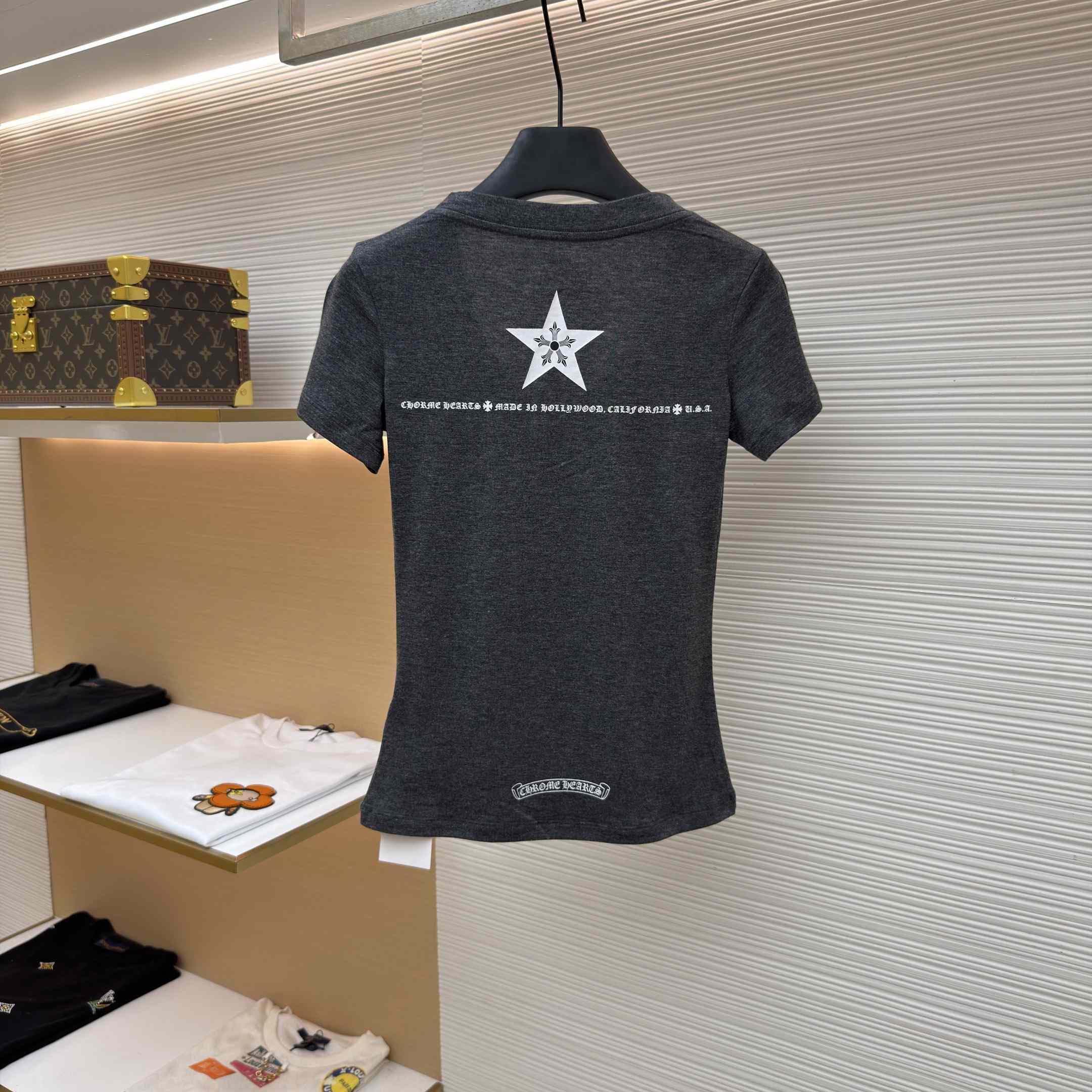 Chrome Hearts Multi-Star V-Neck T-Shirt - Grey  - FashionPlug