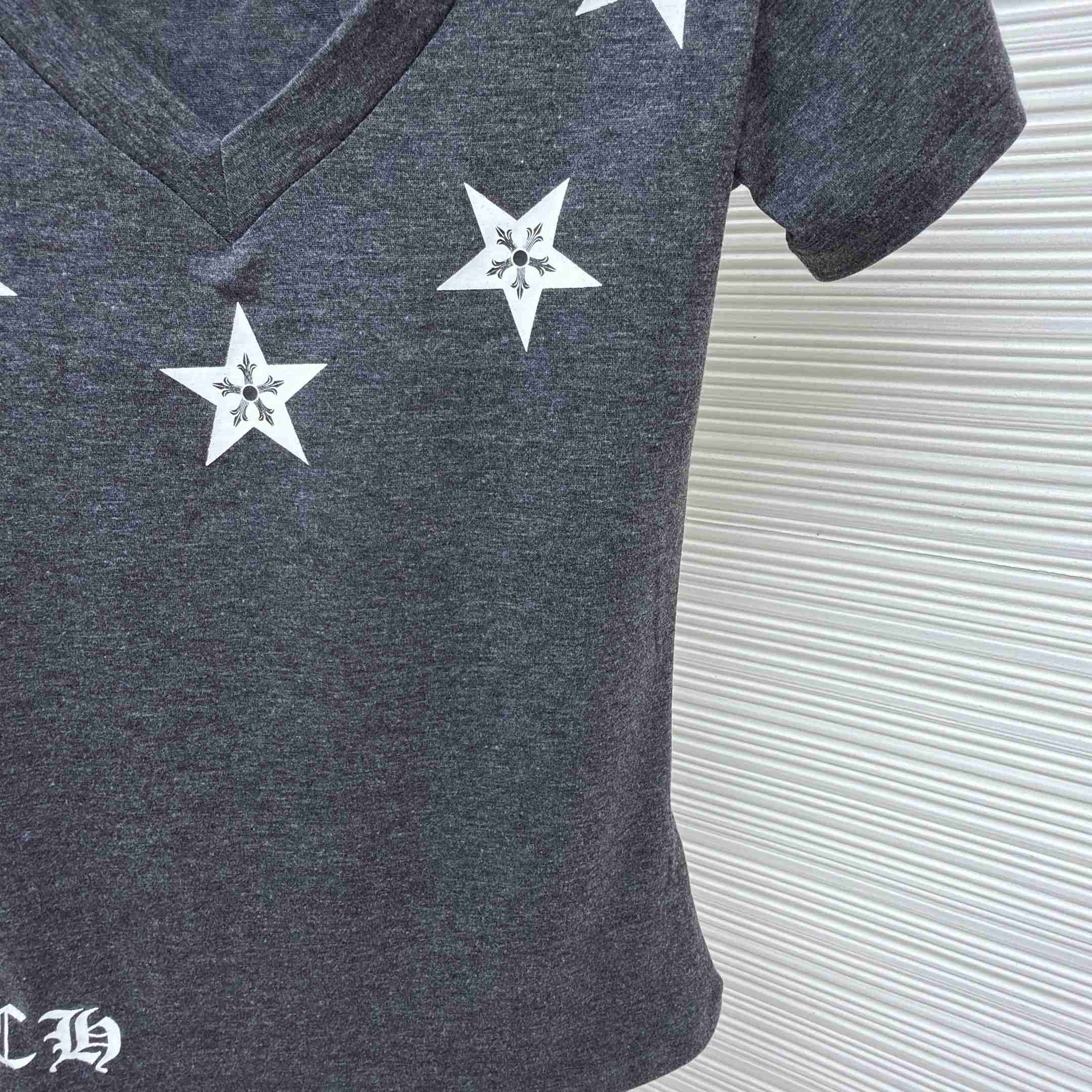 Chrome Hearts Multi-Star V-Neck T-Shirt - Grey  - FashionPlug