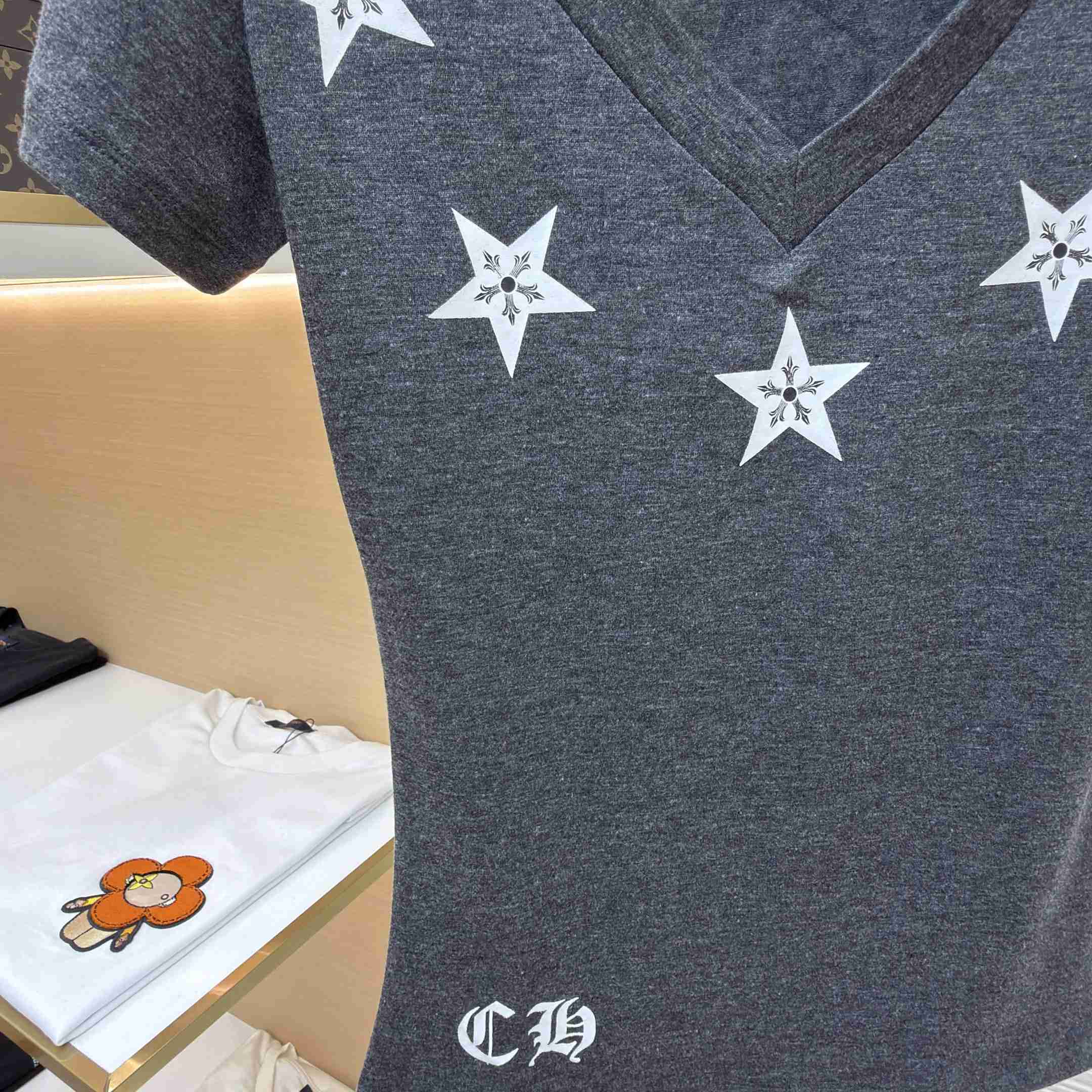 Chrome Hearts Multi-Star V-Neck T-Shirt - Grey  - FashionPlug