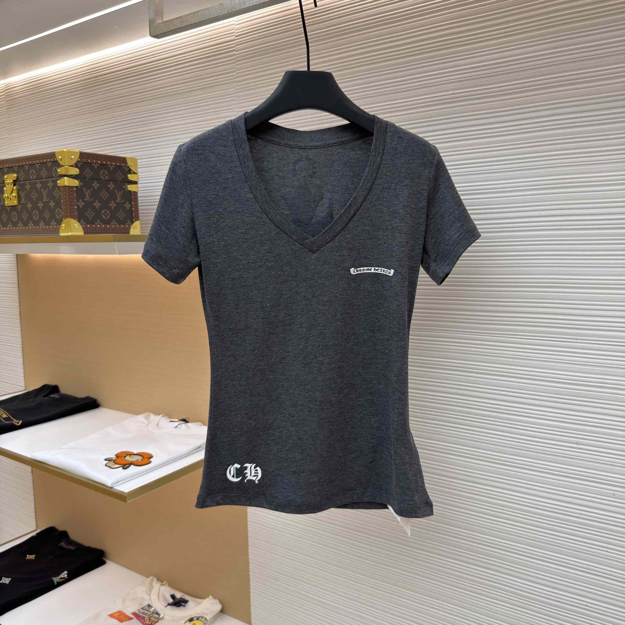 Chrome Hearts V Neck Cemetery Cross T-Shirt - FashionPlug