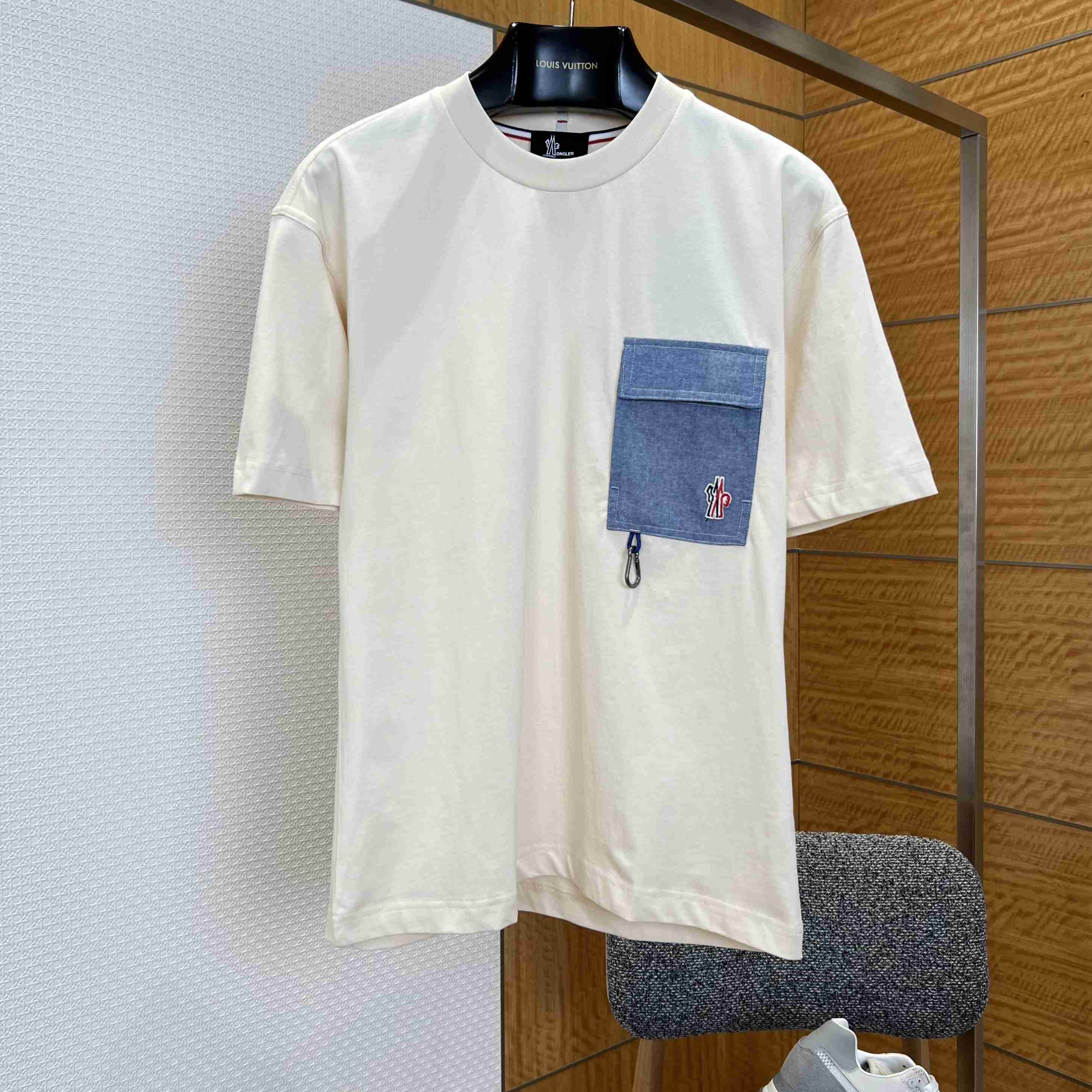 Moncler Cotton Blend T-Shirt with Denim Pocket - FashionPlug
