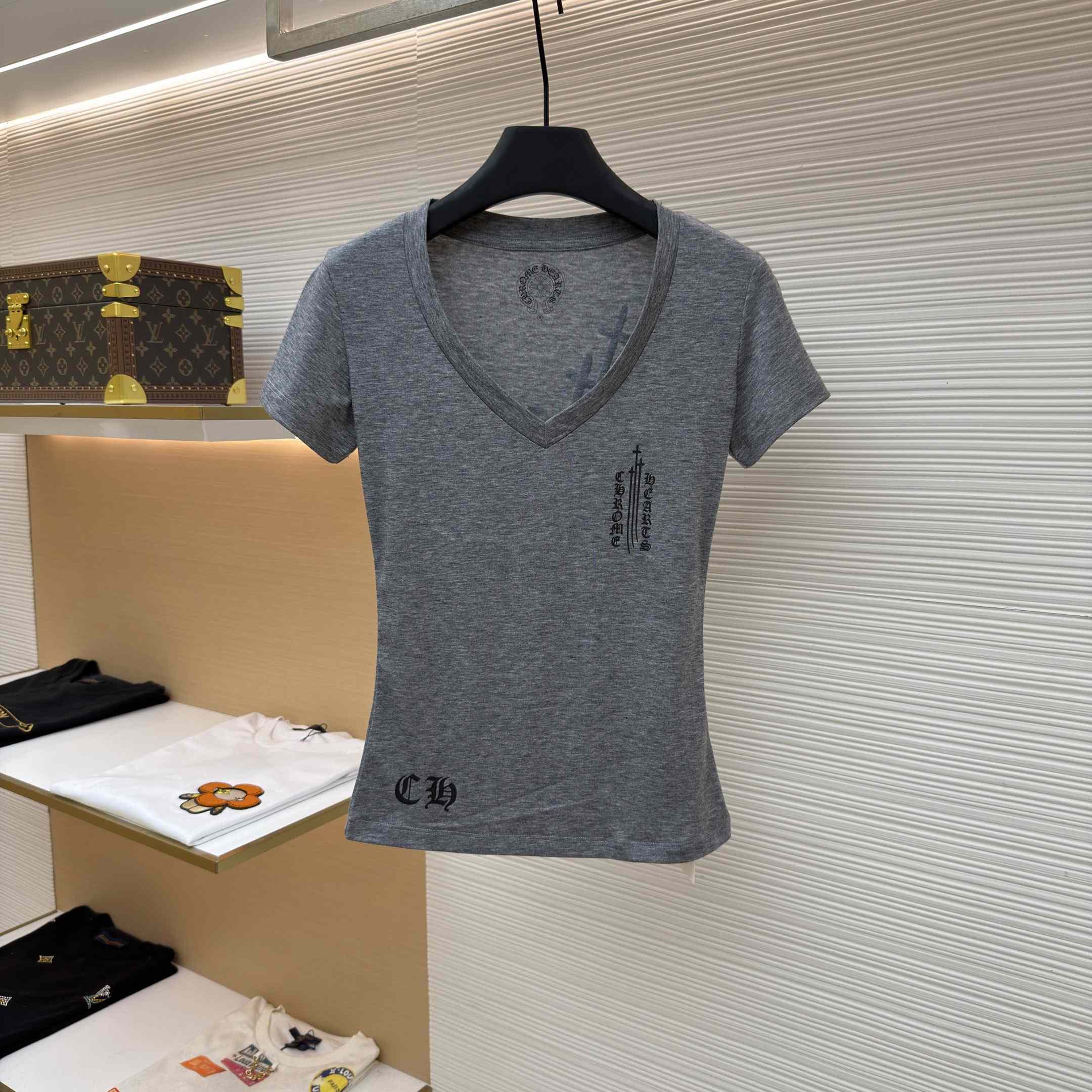 Chrome Hearts V Neck  T-Shirt 'Grey' - FashionPlug