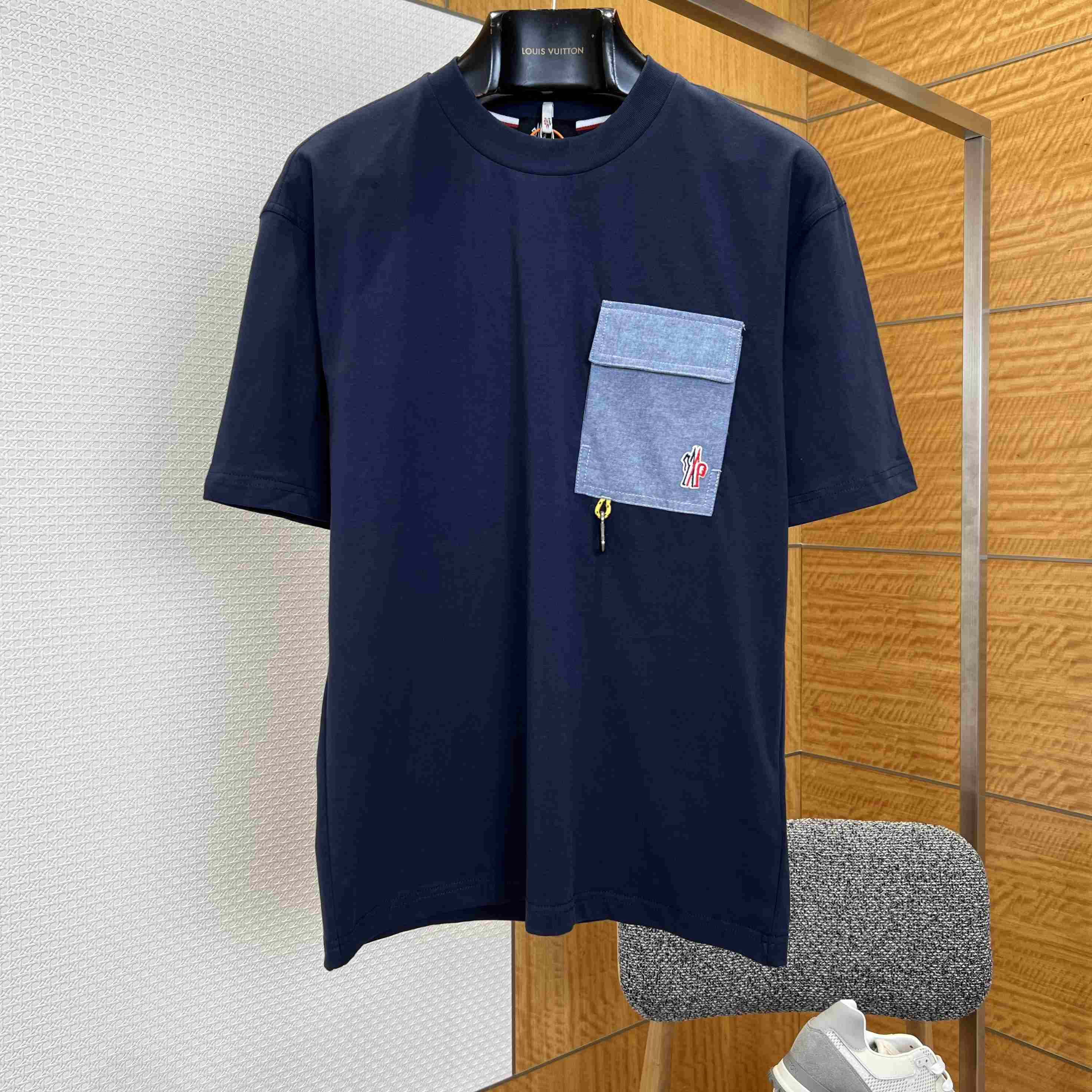 Moncler Cotton Blend T-Shirt with Denim Pocket - FashionPlug