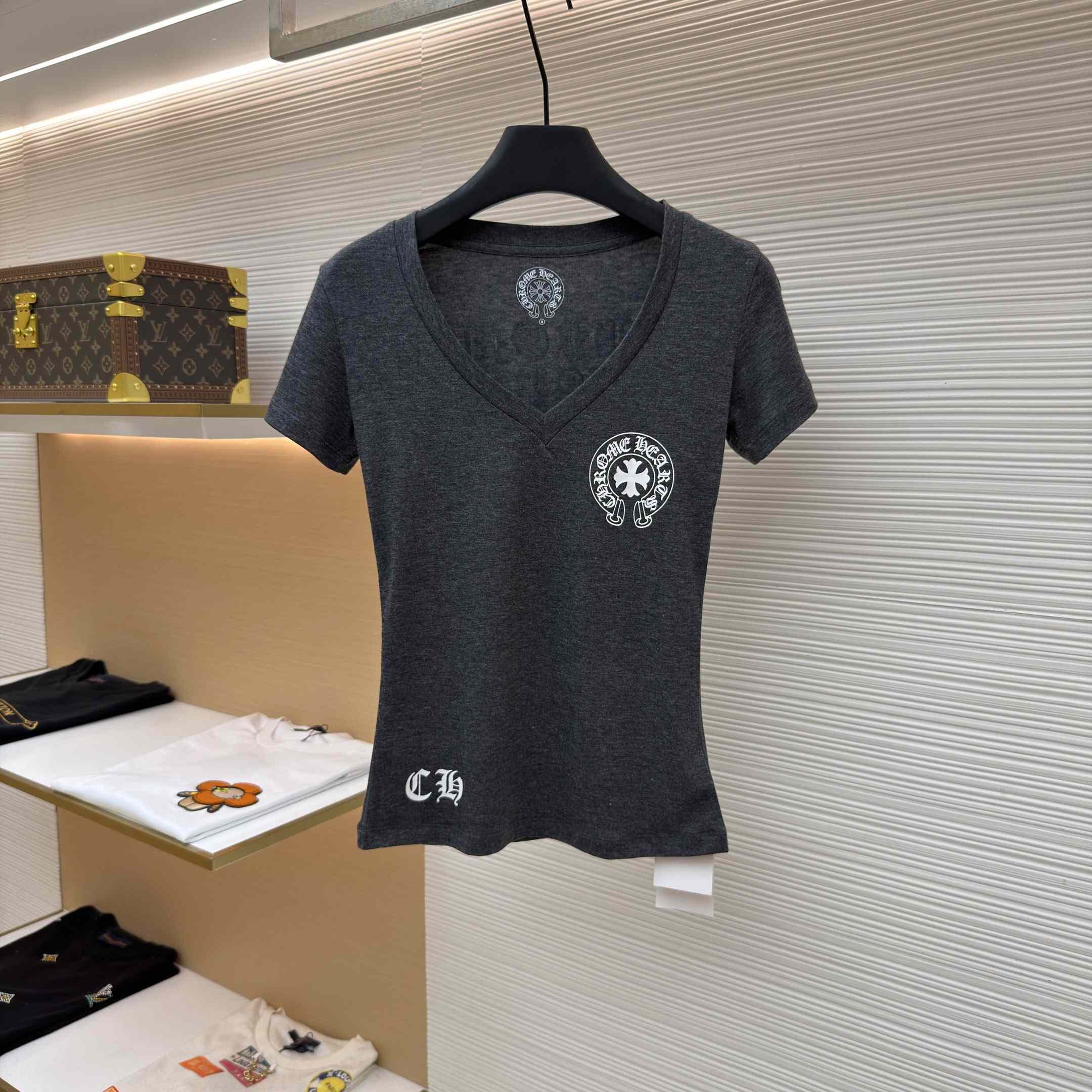 Chrome Hearts V-Neck T-Shirt 'Grey' - FashionPlug