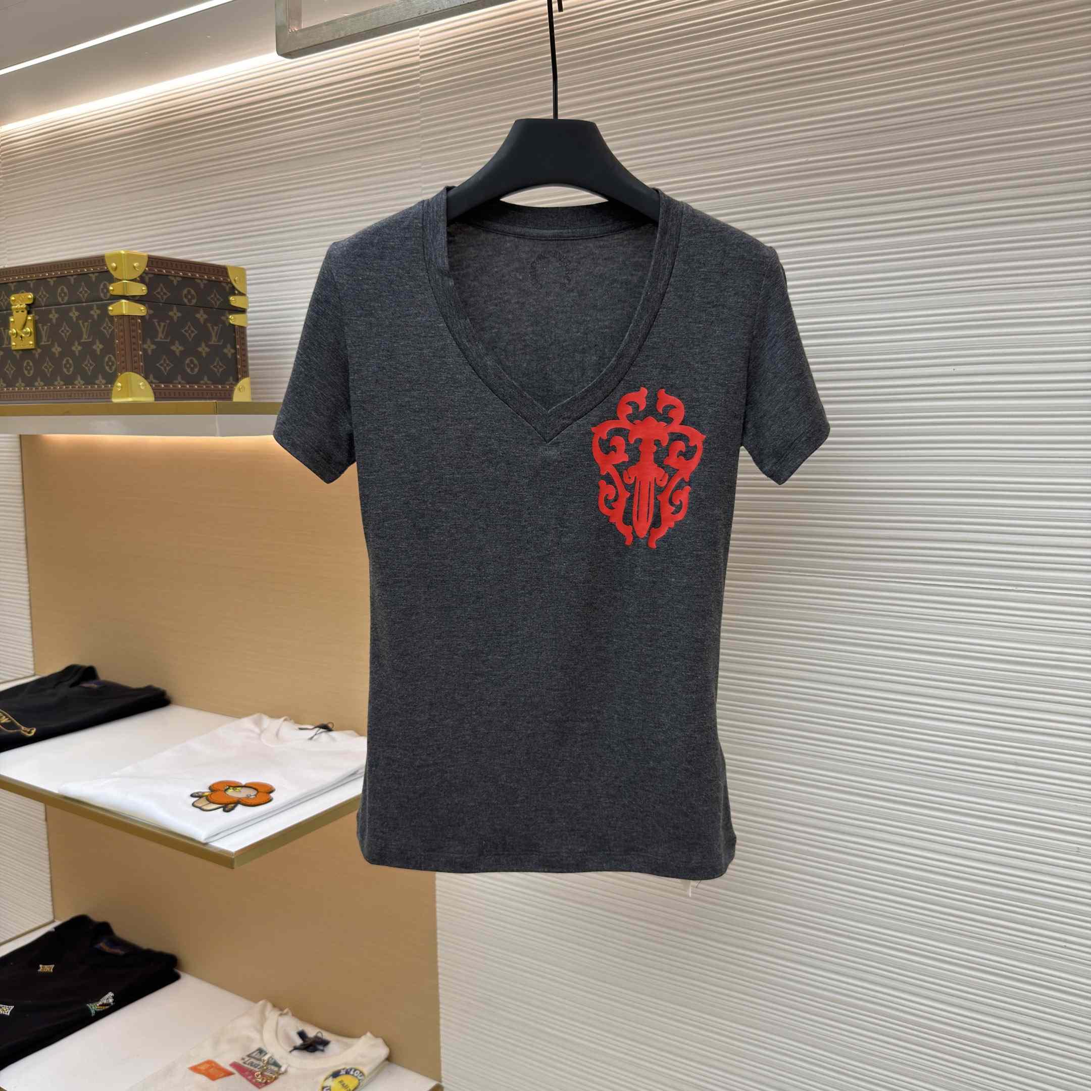 Chrome Hearts V-Neck T-Shirt 'Grey' - FashionPlug